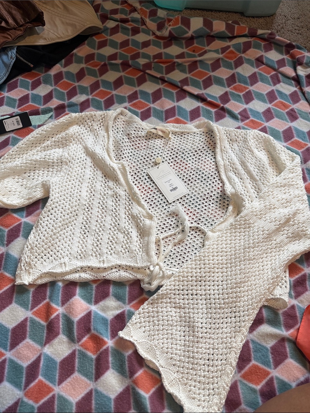 Lightweight Ivory Open-Knit Tie-Front Sweater